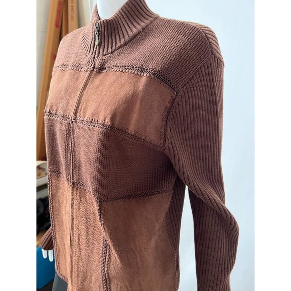 Evan-Picone Suede Blocked Cardigan Sweater M Brown Cotton and Leather - Picture 5 of 15
